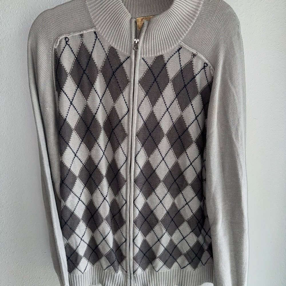 BKE Gray Zip Up Sweater with Argyle Pattern